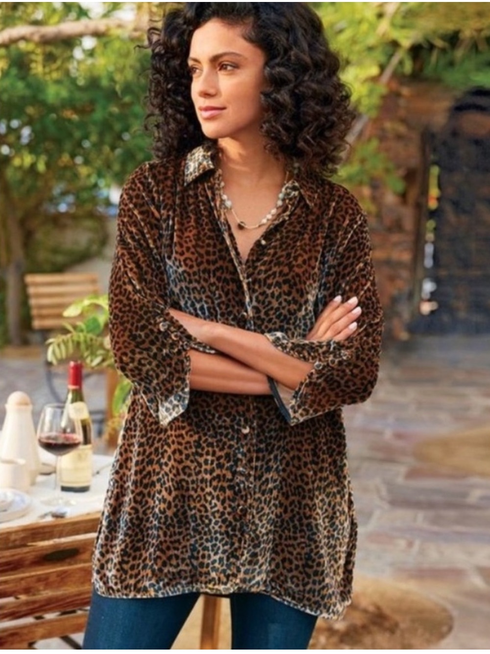 Soft Surroundings Women's M Animal Print Velvet Silk Blend Tunic Blouse Brown